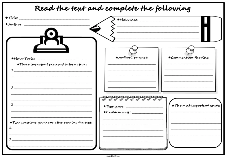 Text analysis: students record main idea, three key facts, author's purpose, genre, top quote and two questions