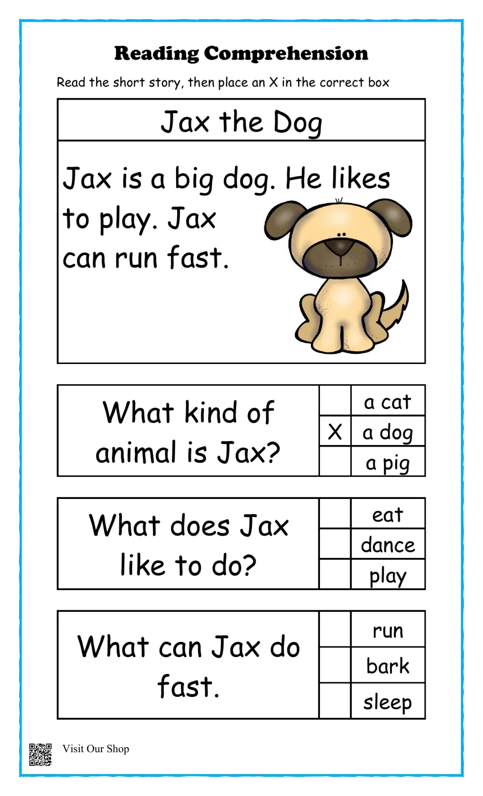 Jax the Dog story and three questions about his animal type, playing, and running fast; first answer marked