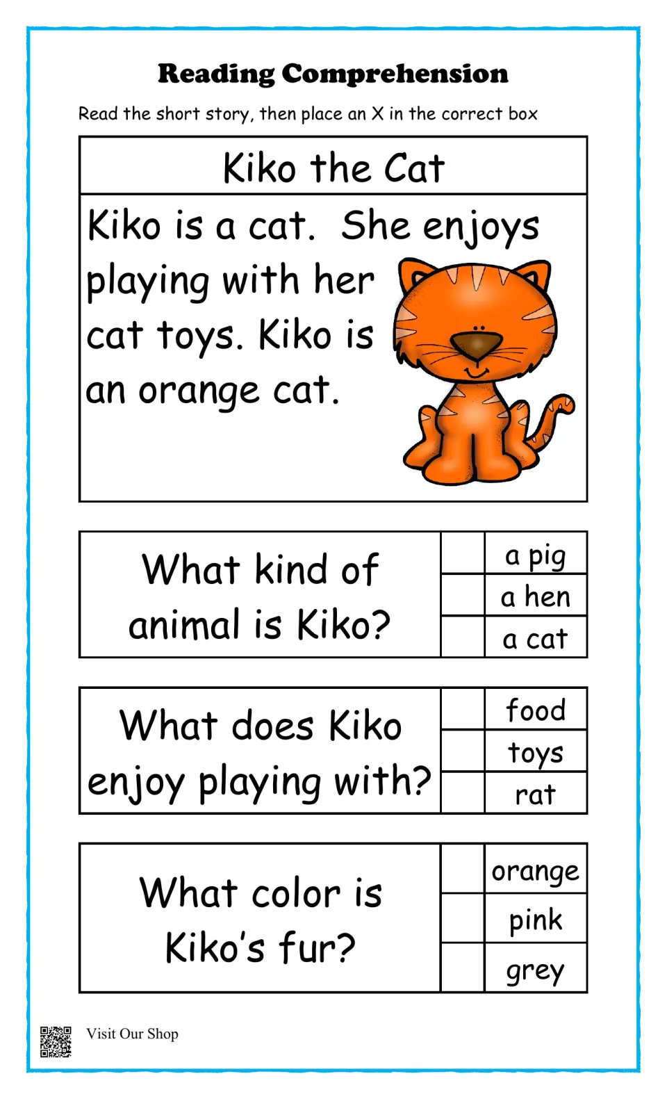Kiko the Cat story and three questions about her animal type, the toys she plays with, and her orange fur
