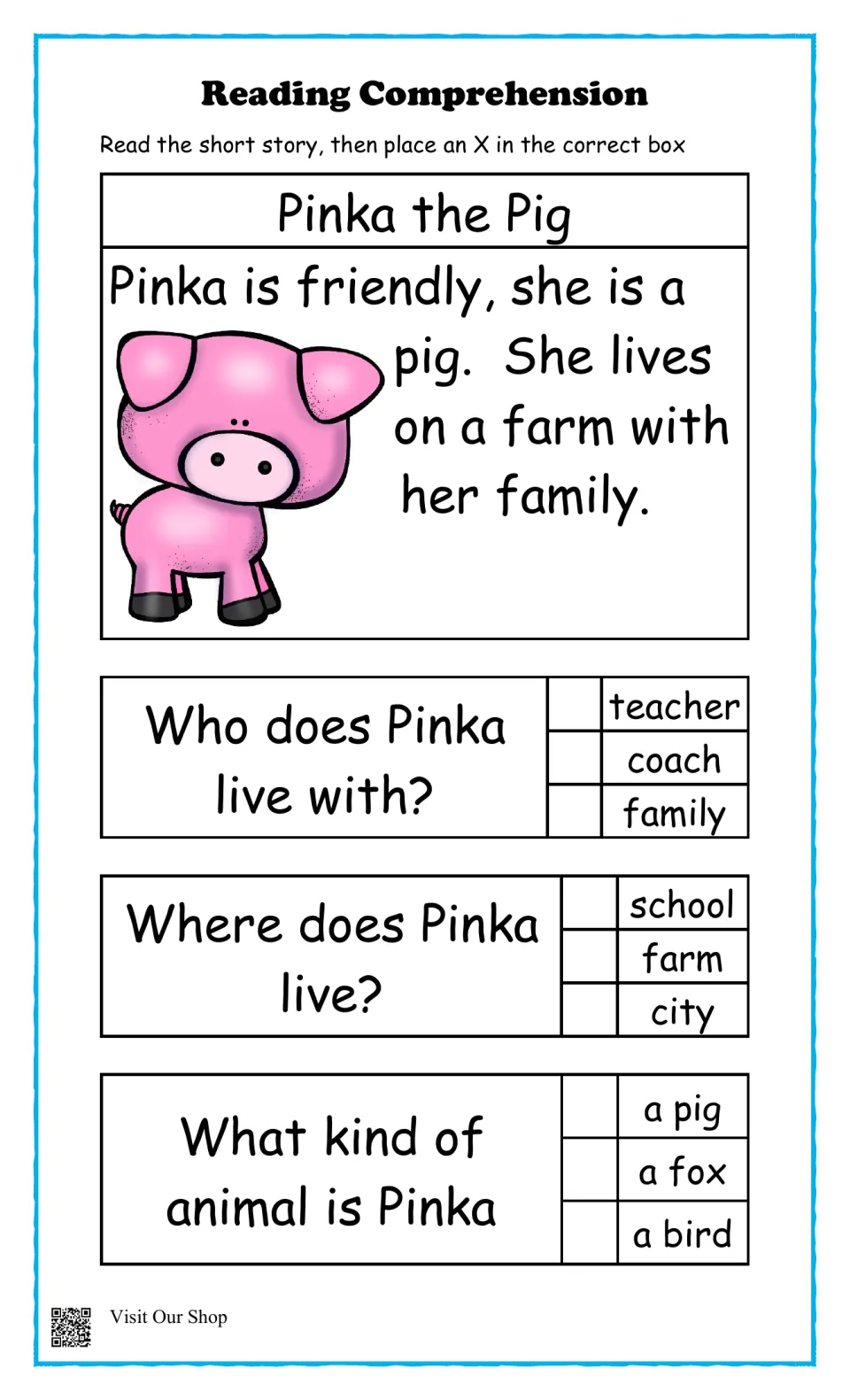 Pinka the Pig story and three questions about who she lives with, where she lives, and what animal she is