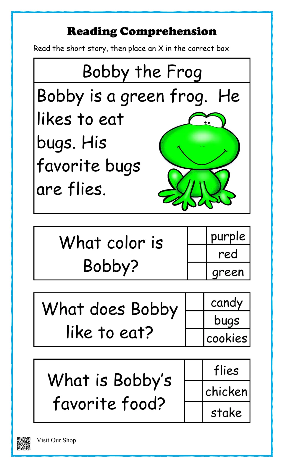 Bobby the Frog story and three questions about his green color, eating bugs, and flies as his favorite food