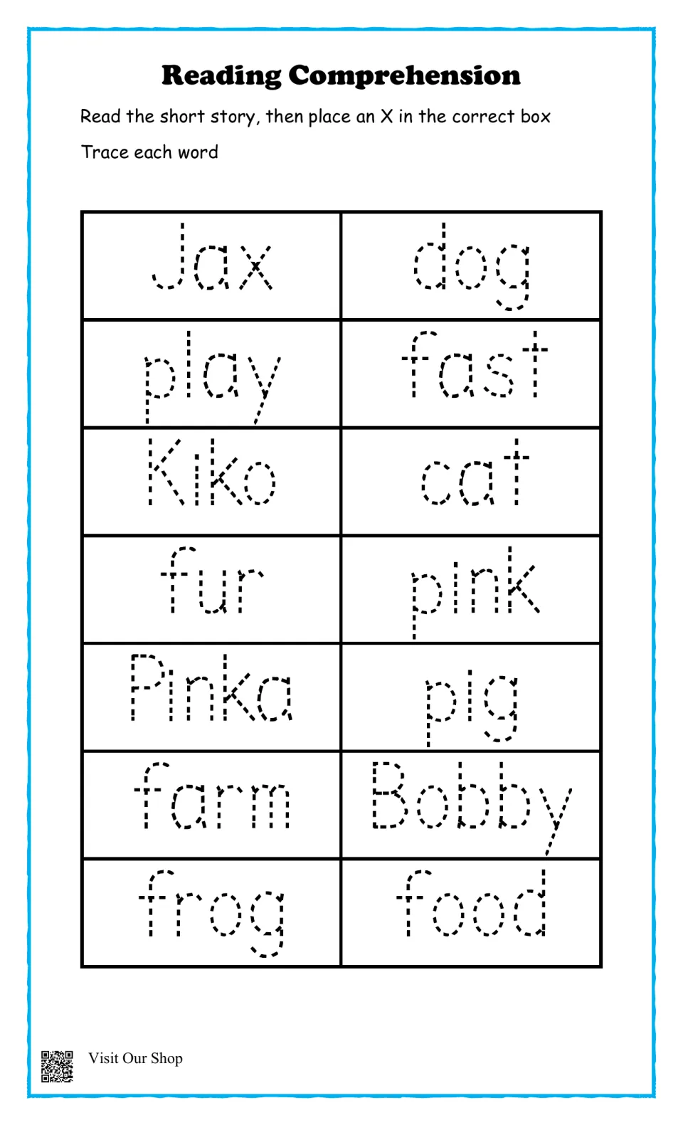 Word-tracing practice following the four animal stories: Jax, dog, play, fast, Kiko, cat, and eight more