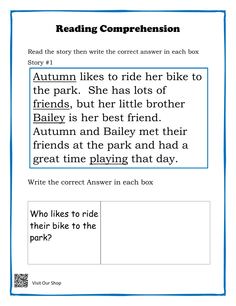 Story #1 about Autumn biking to the park with brother Bailey; students read it and answer who likes to ride to the park