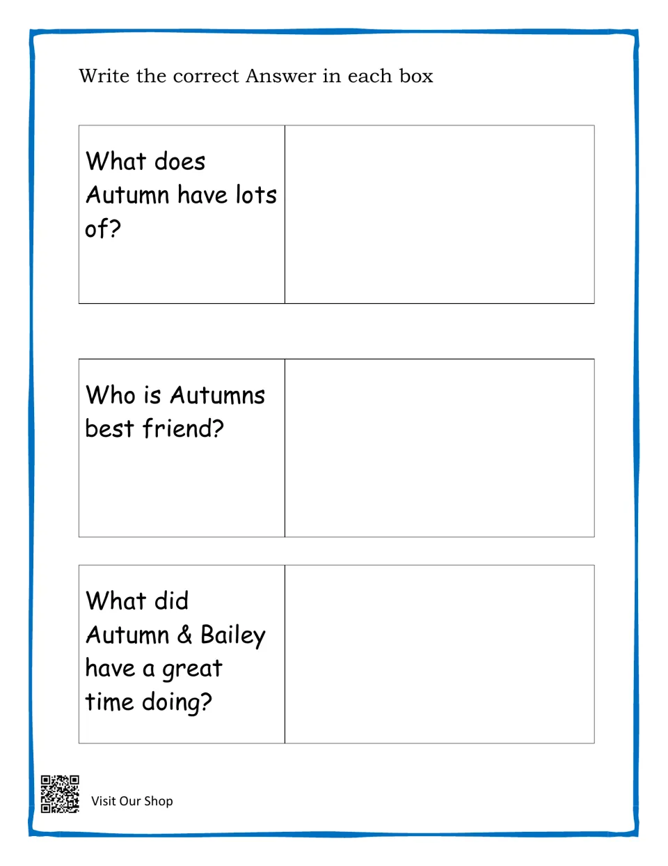 Questions on the Autumn story: students write what Autumn has lots of, who her best friend is and what she and Bailey did
