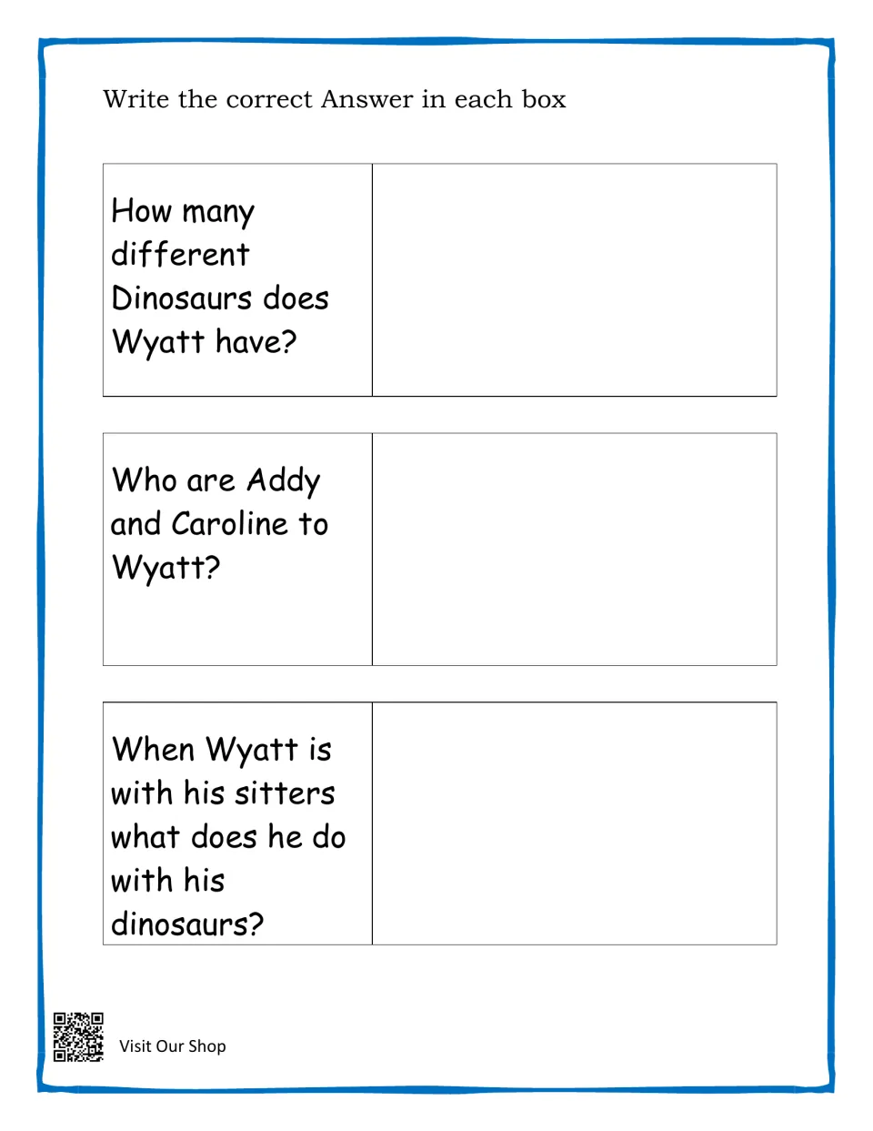 Wyatt story questions: students write how many dinosaurs he has, who Addy and Caroline are and what he does when playing