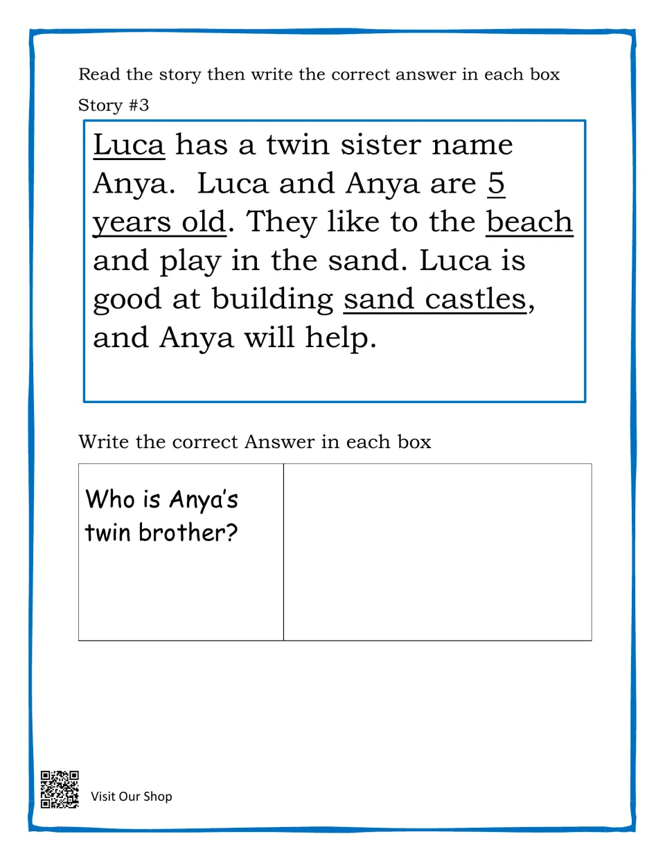 Story #3 about 5-year-old twins Luca and Anya building sand castles at the beach; students name Anya's twin brother
