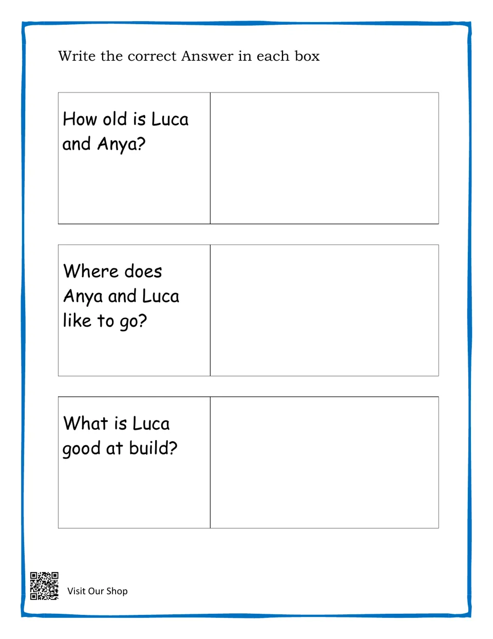 Luca and Anya questions: students write the twins' age, where they like to go and what Luca is good at building