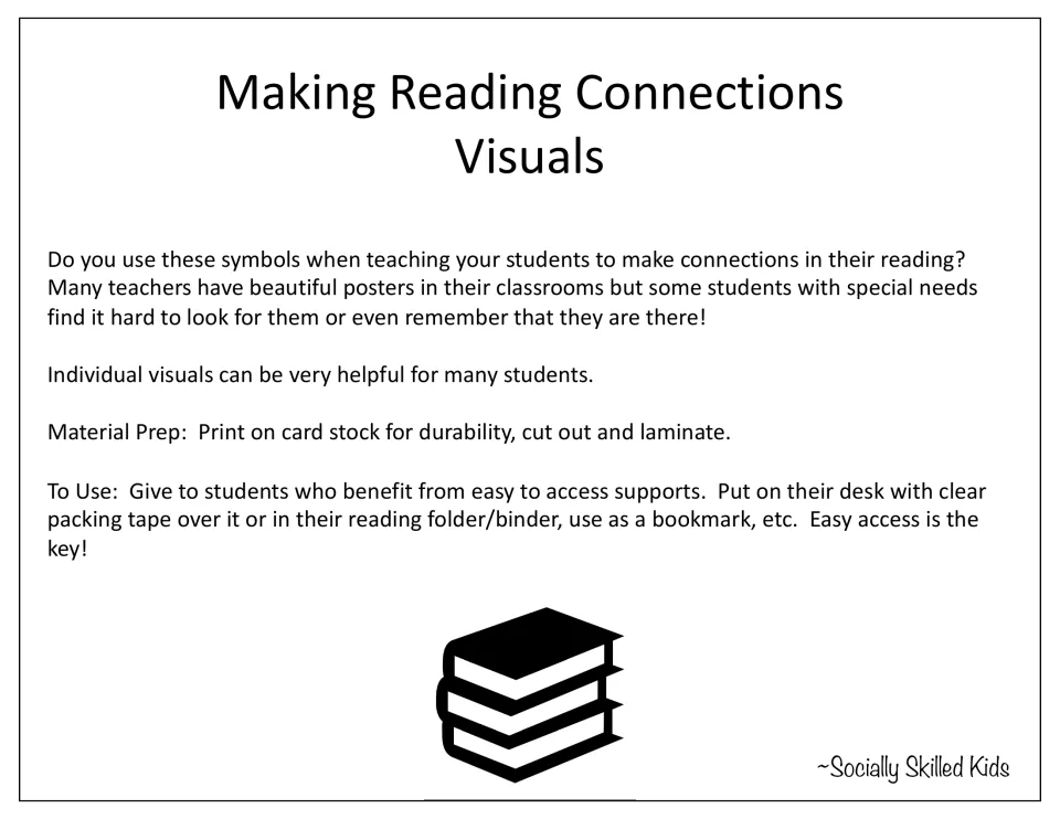 Making Reading Connections Visuals title page with prep notes: print on card stock, cut out, laminate, use as desk aid