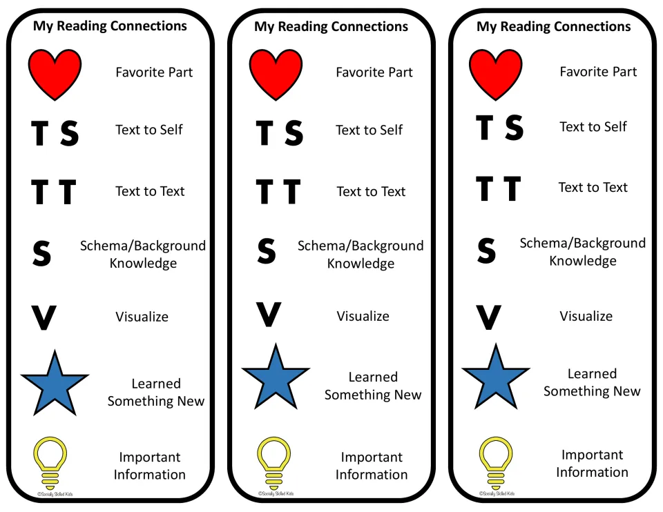 Three My Reading Connections bookmarks with symbols: heart favorite part, TS, TT, S schema, V visualize, star, lightbulb