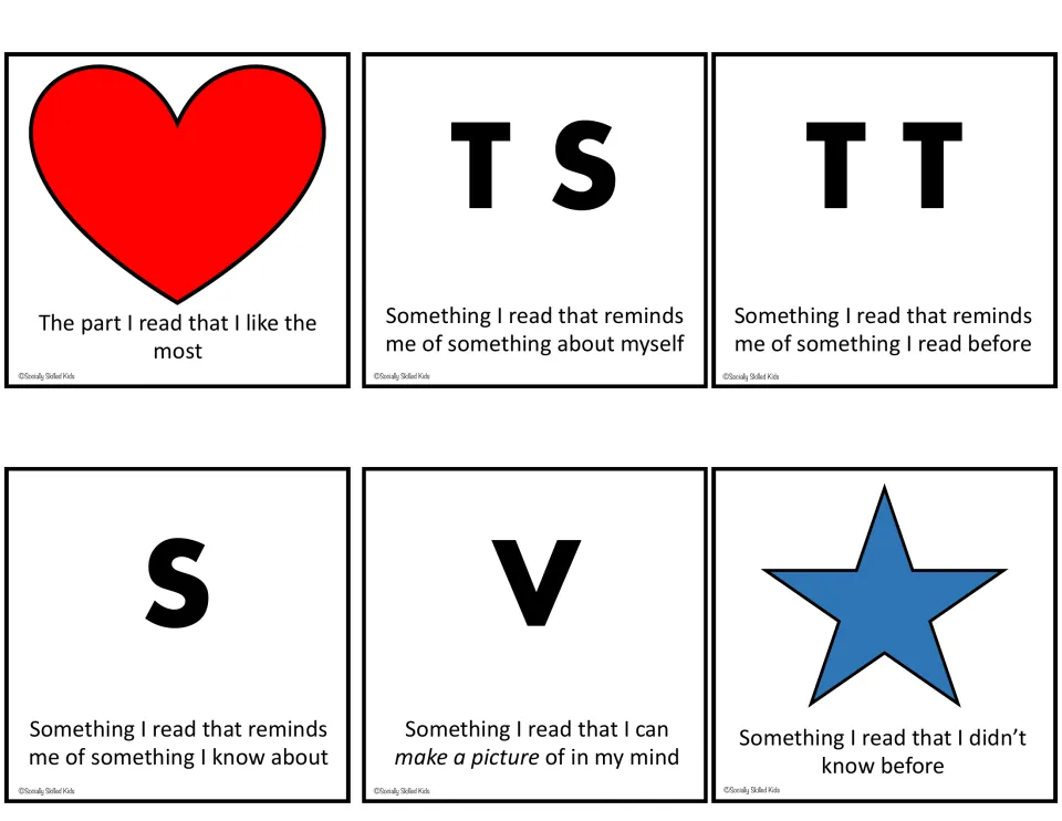 Six symbol cards that define each reading link in child-friendly sentences, e.g. a red heart for the part I like the most