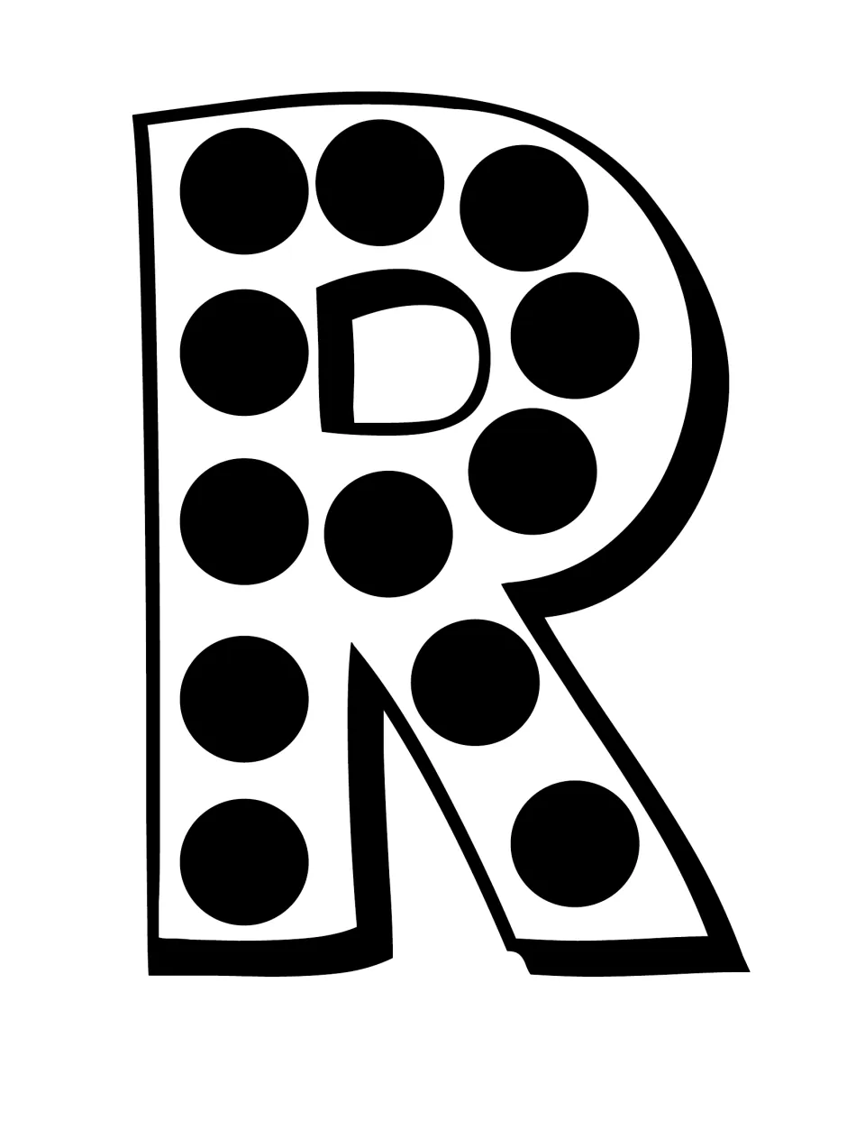 Letter R in black dotted outline, a cut-out piece of the READ! sign for a bulletin board or wall display