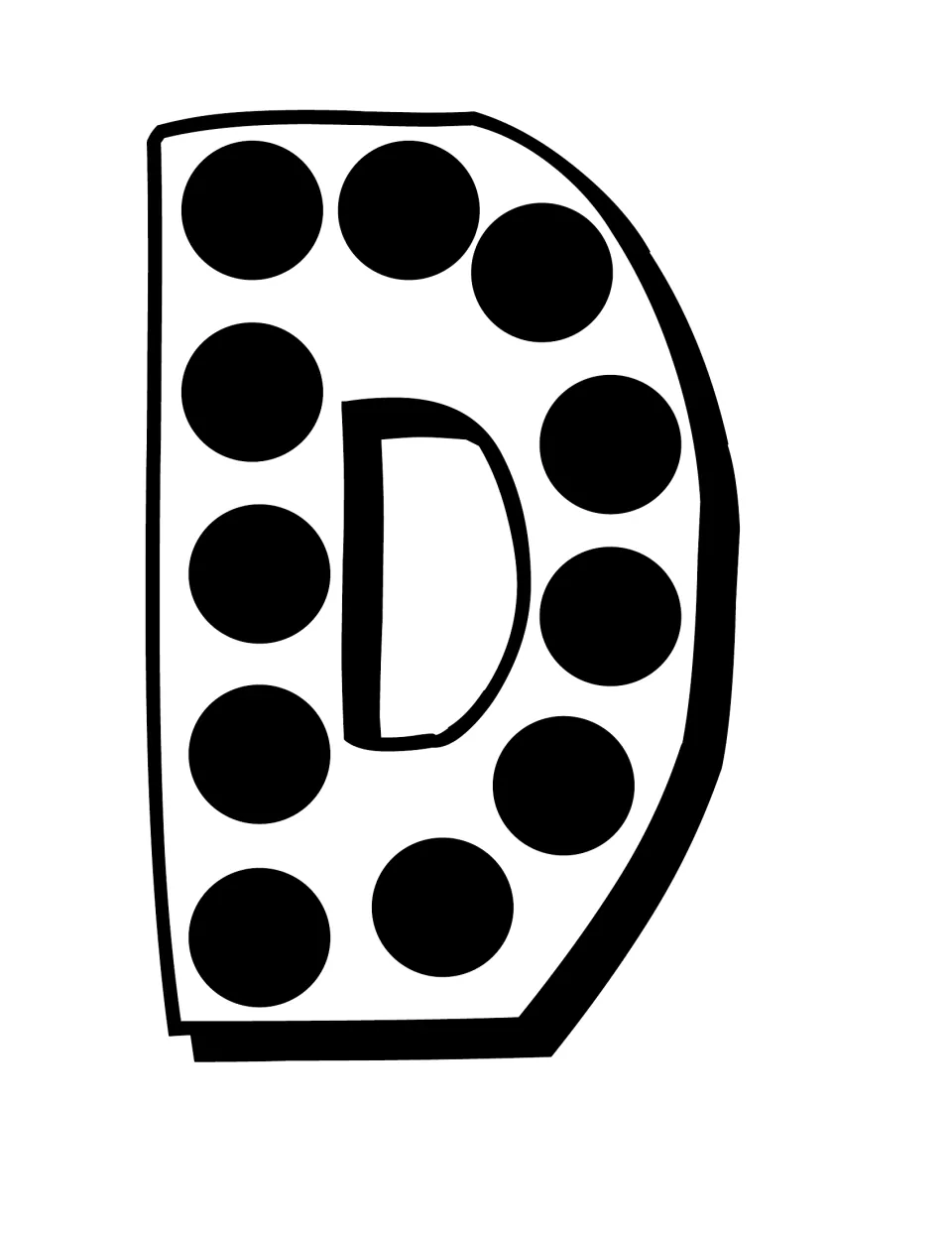 Letter D in black dotted outline, a cut-out piece that completes the word before the exclamation mark
