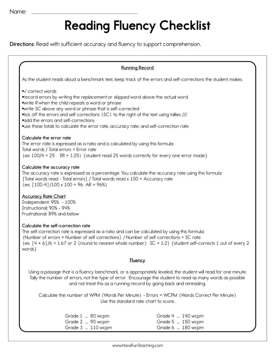 Teacher checklist for running records, error and accuracy rates, self-correction, and timed reading fluency.
