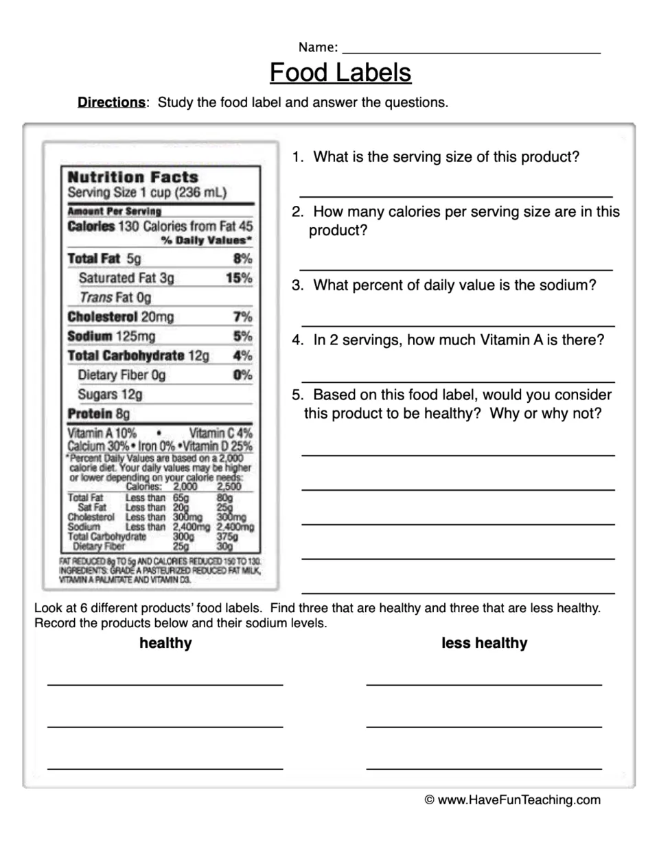 Food Labels: students read a Nutrition Facts label to answer 5 questions on serving size, calories, sodium and Vitamin A