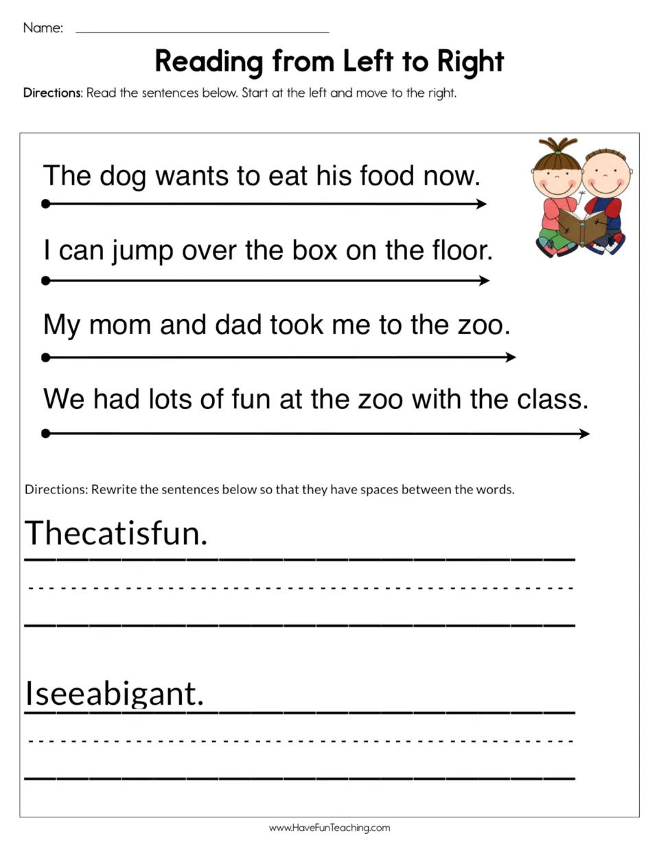 Left-to-right reading: students follow arrows under 4 sentences, then rewrite 2 run-together sentences with word spaces