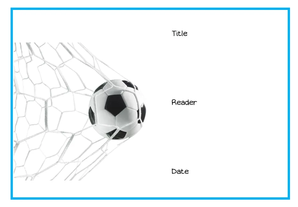 Reader cover for Mike's soccer ball story, featuring a ball in a net and spaces for Title, Reader, and Date