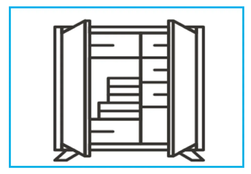 Closet illustration accompanying Mike's story, showing open doors, shelves, and stacked objects inside