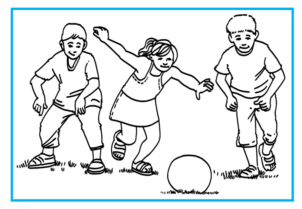 Soccer illustration for Mike's short story, showing three children playing together with a ball outdoors