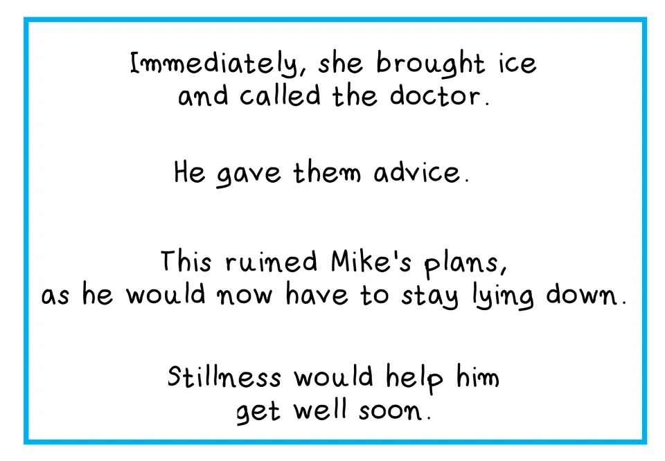 Fourth story text: Mike's mother brings ice and calls the doctor; Mike must lie down instead of playing