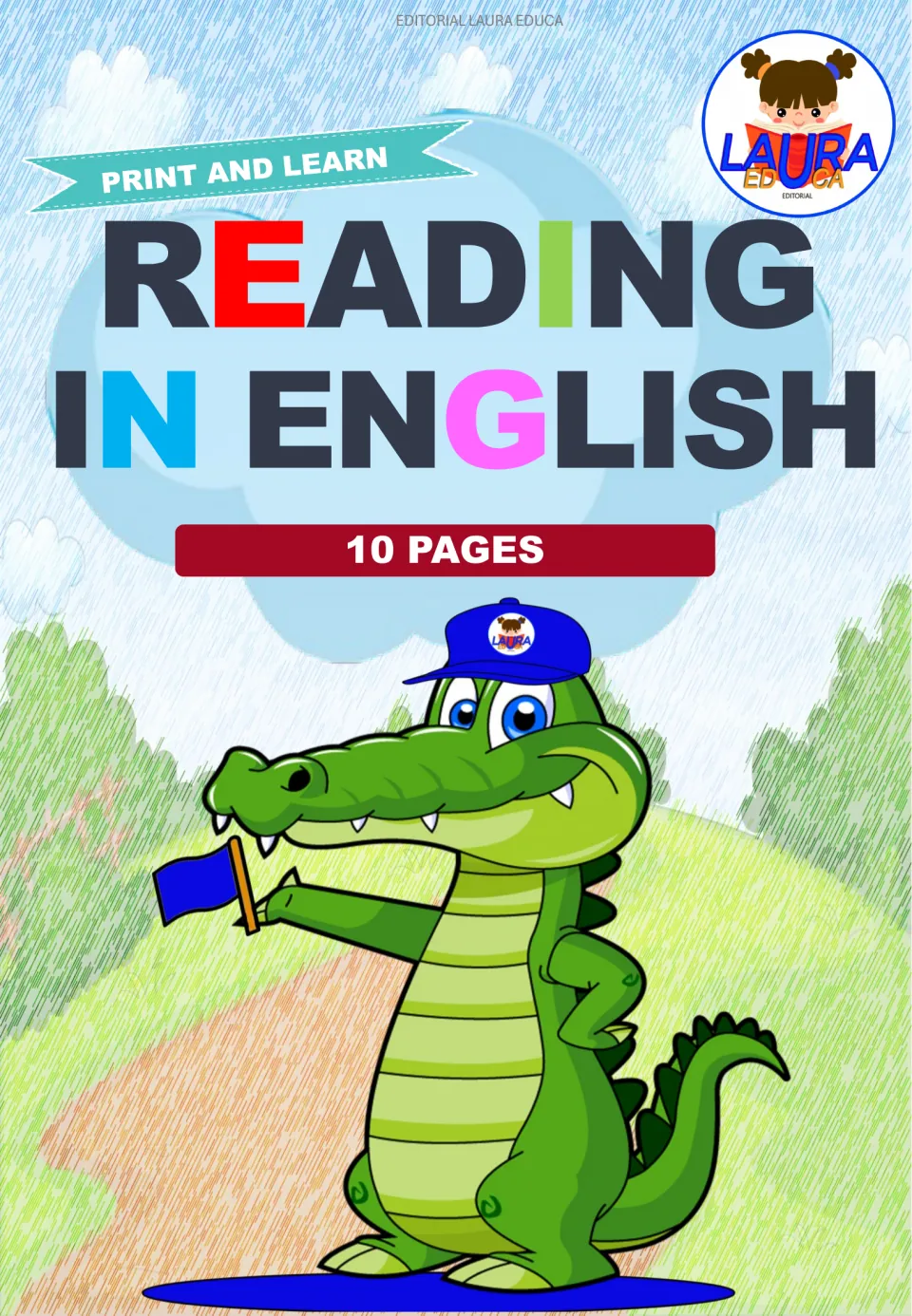 Cover of Reading in English, a Print and Learn set of 10 pages, showing a cartoon crocodile in a cap holding a flag