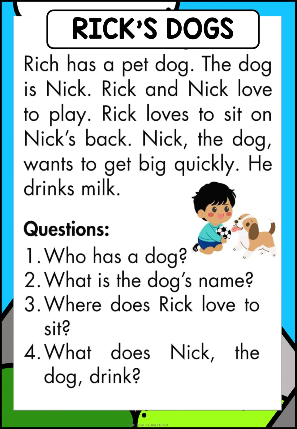 Rick's Dogs comprehension: students read about Rick and his dog Nick, then answer 4 who, where and what questions