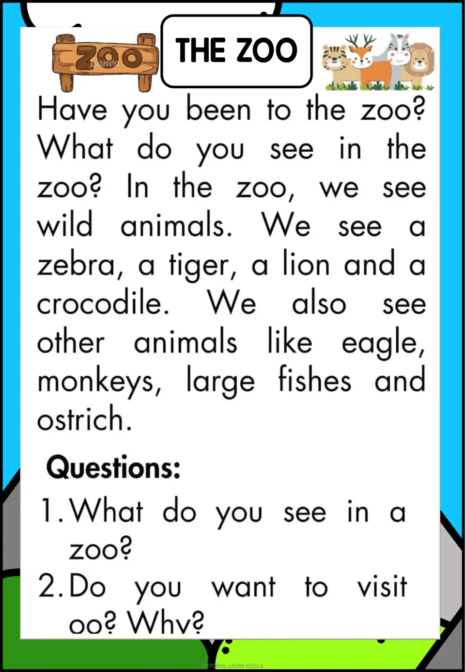 The Zoo passage naming zebra, tiger, lion and more; students answer what you see at a zoo and whether they'd visit