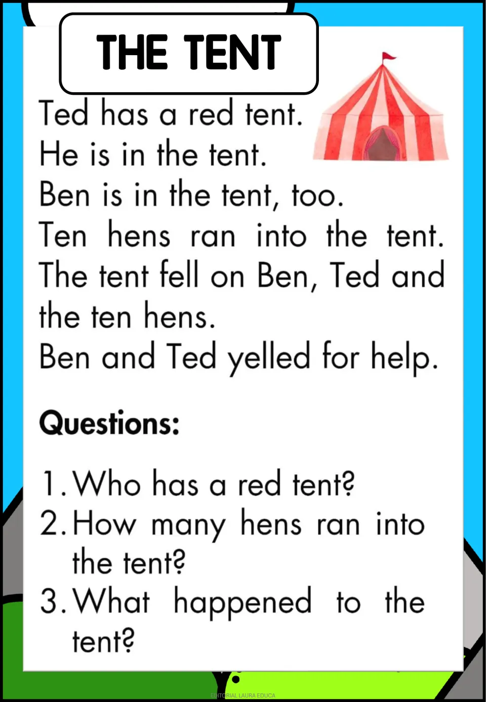The Tent story about Ted, Ben and ten hens; students answer who has the tent, how many hens ran in and what happened