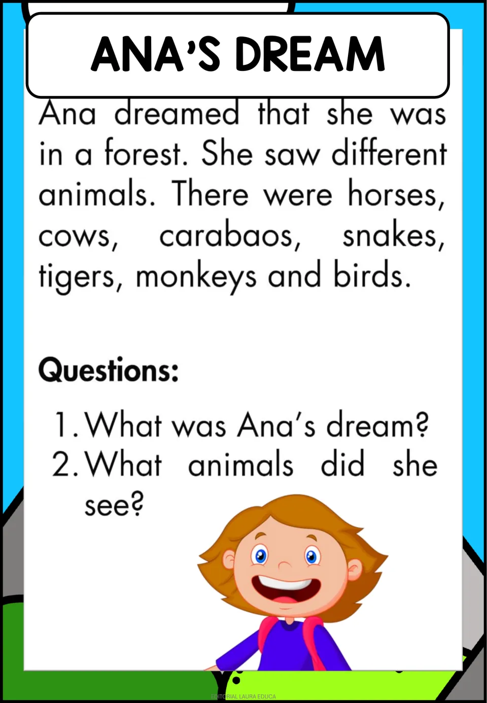 Ana's Dream reading passage about a forest full of animals; students answer what Ana dreamed and which animals she saw