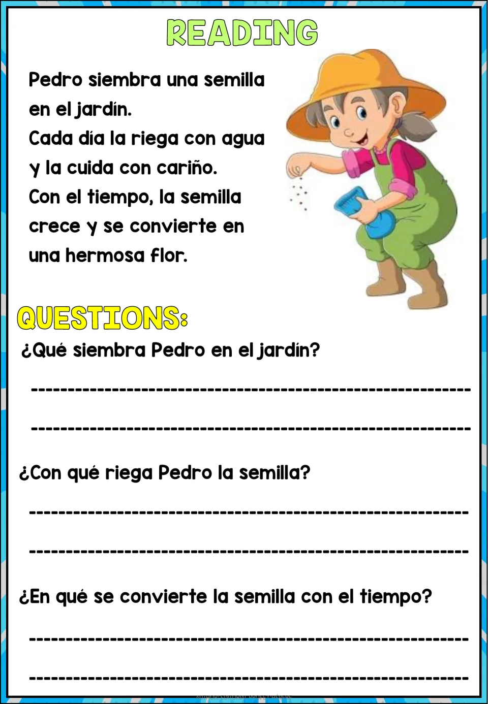 Spanish reading passage about Pedro planting and watering a seed, with three questions about its growth.