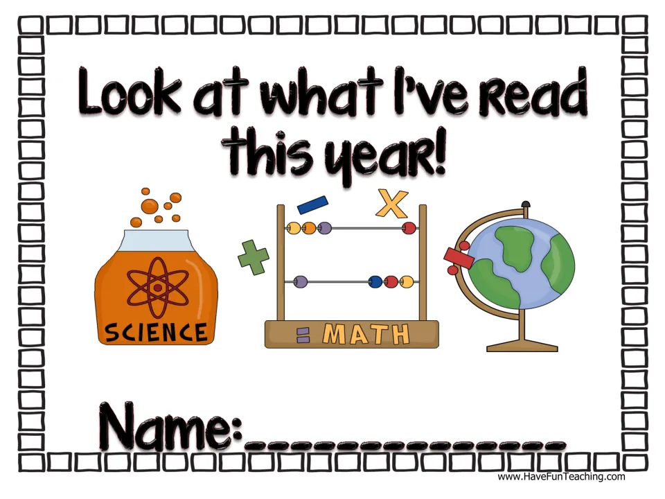 Student booklet cover titled Look at what I've read this year! with science, math and globe art and a line for a name