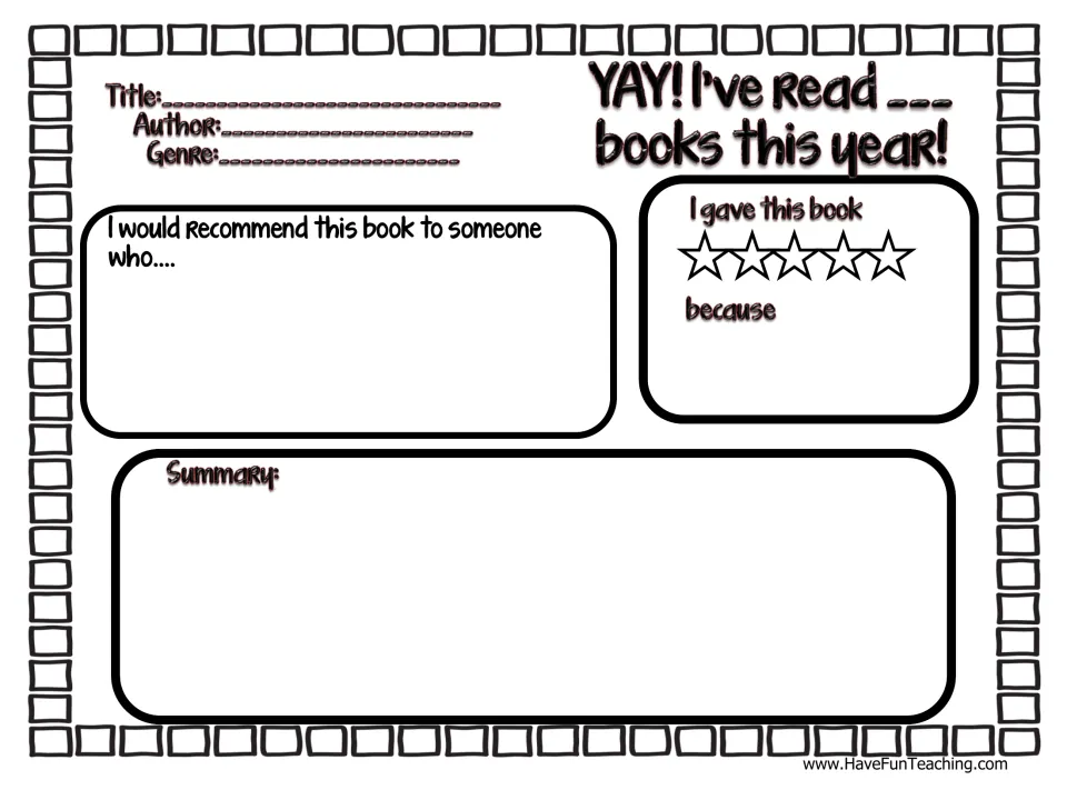 Book review form: students record title, author and genre, rate the book out of 5 stars, say who'd like it and summarize