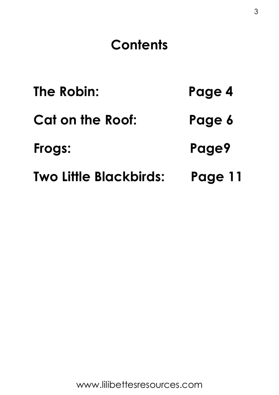 Reading book contents list The Robin, Cat on the Roof, Frogs, and Two Little Blackbirds with page references.