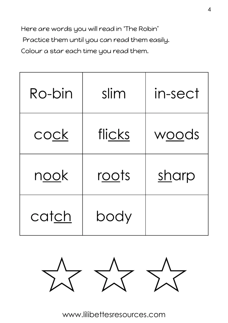 The Robin vocabulary practice includes slim, insect, flicks, woods, nook, roots, sharp, catch, and body.