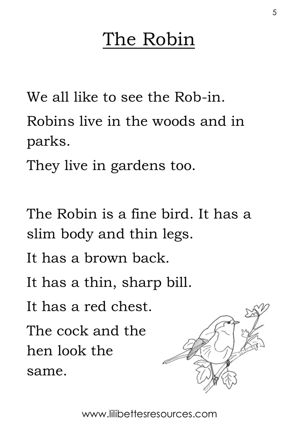 The Robin reading begins with its woodland, park, and garden habitats, then describes its body and bill.