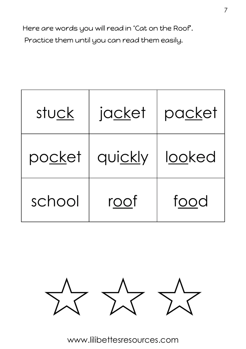Cat on the Roof word practice lists stuck, jacket, packet, pocket, quickly, looked, school, roof, and food.
