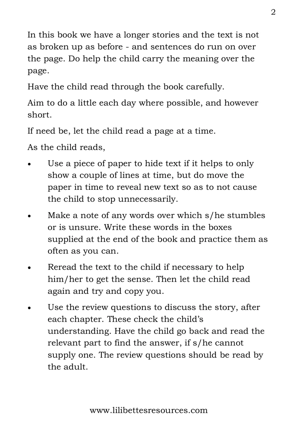 Adult guidance for reading the book: hide text with paper, note tricky words, reread, use review questions