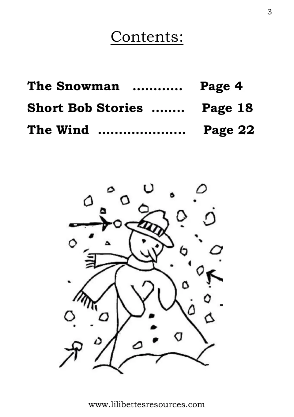 Contents listing three stories: The Snowman on page 4, Short Bob Stories on page 18 and The Wind on page 22