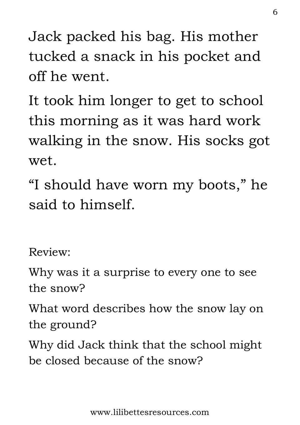 Jack walks to school through snow and gets wet socks, then three review questions about the surprise snowfall