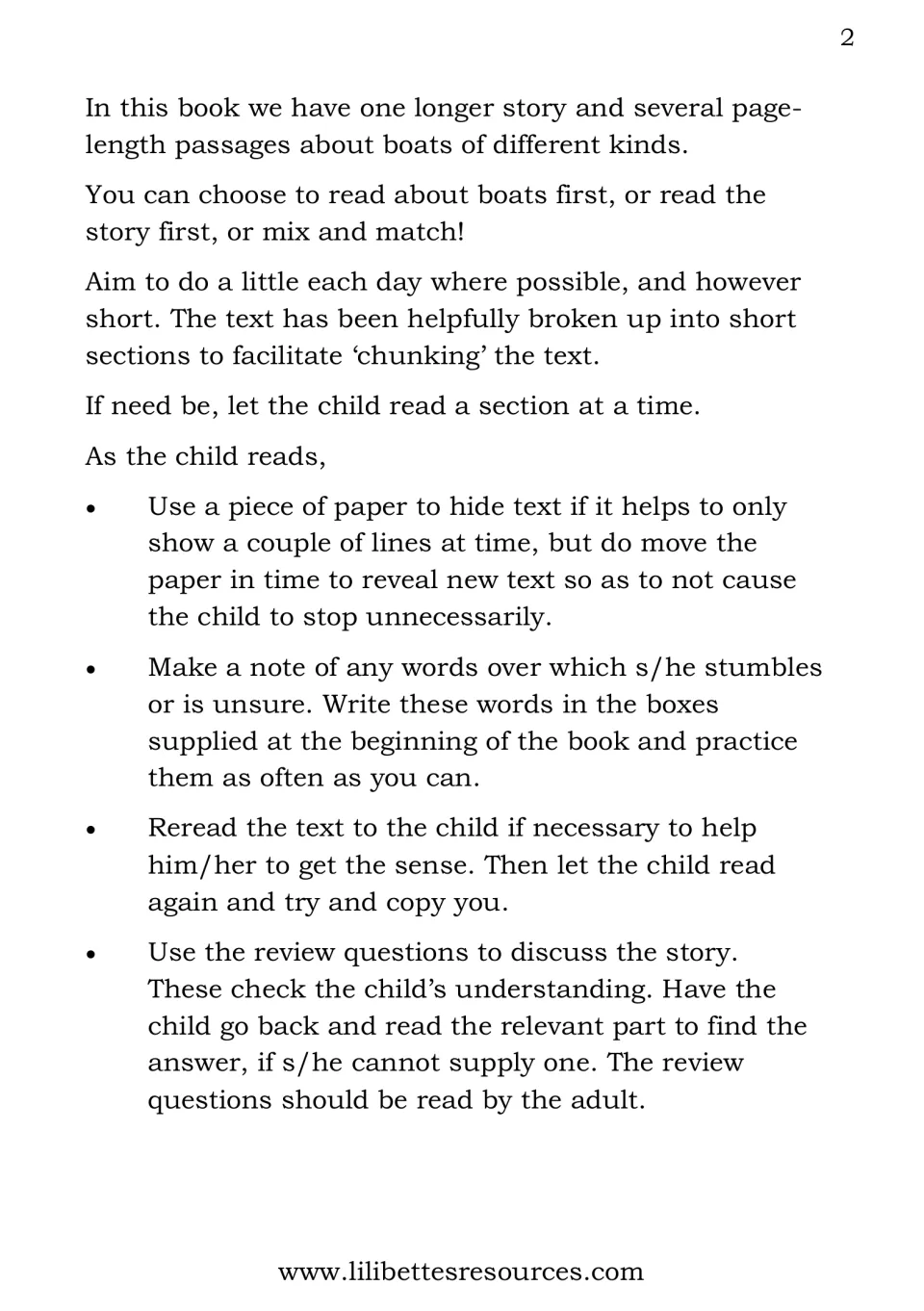 Adult guide to the boats book: read one section at a time, cover lines with paper, note tricky words, use review questions