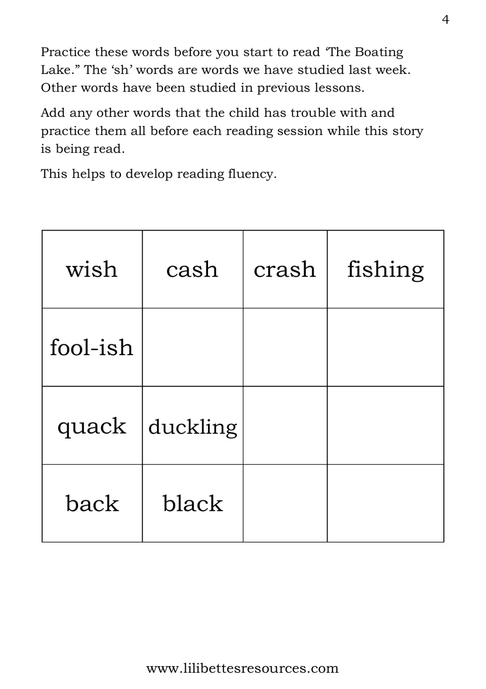 Sh word practice before The Boating Lake: child reads wish, cash, crash, fishing, foolish, quack, duckling, back, black