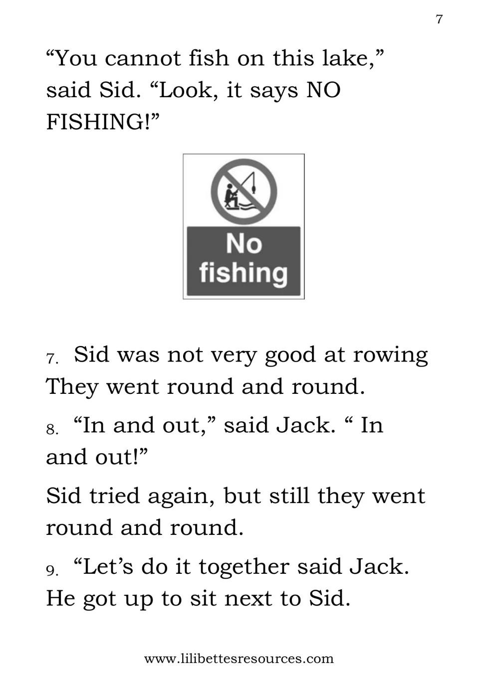 Story parts 7-9 with a No fishing sign: Sid rows the boat round and round, so Jack moves over to row with him
