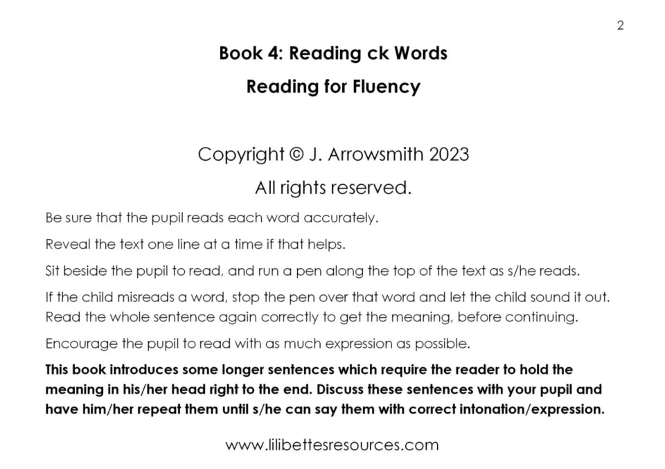 Book 4: Reading ck Words, Reading for Fluency title page with copyright line and tips for reading beside the pupil