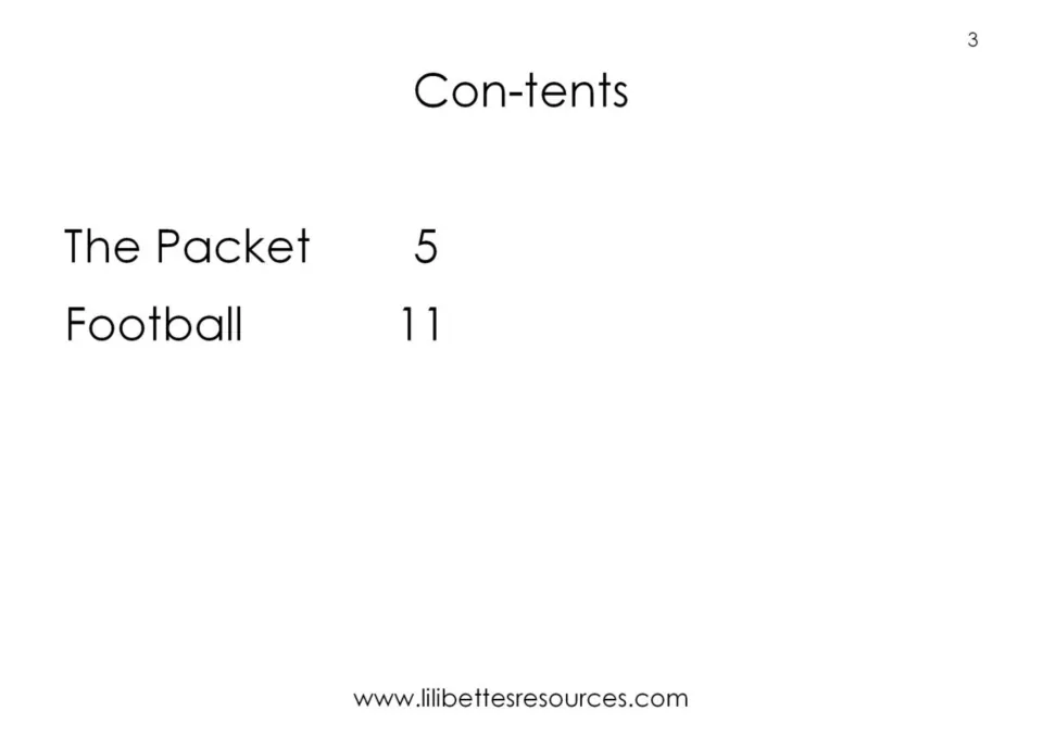 Contents listing two stories, The Packet on page 5 and Football on page 11, for this ck words fluency reader