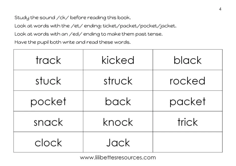 ck sound word list: the pupil writes and reads 14 words such as track, kicked, pocket, snack and clock before reading