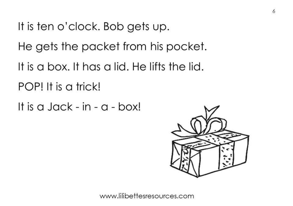 The Packet ending: at ten o'clock Bob lifts the box lid and POP, it is a trick Jack-in-a-box; gift box drawing