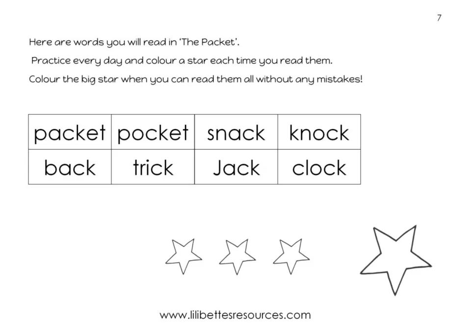 Story word tracker: read eight ck words like packet, knock and clock daily and colour a star each time