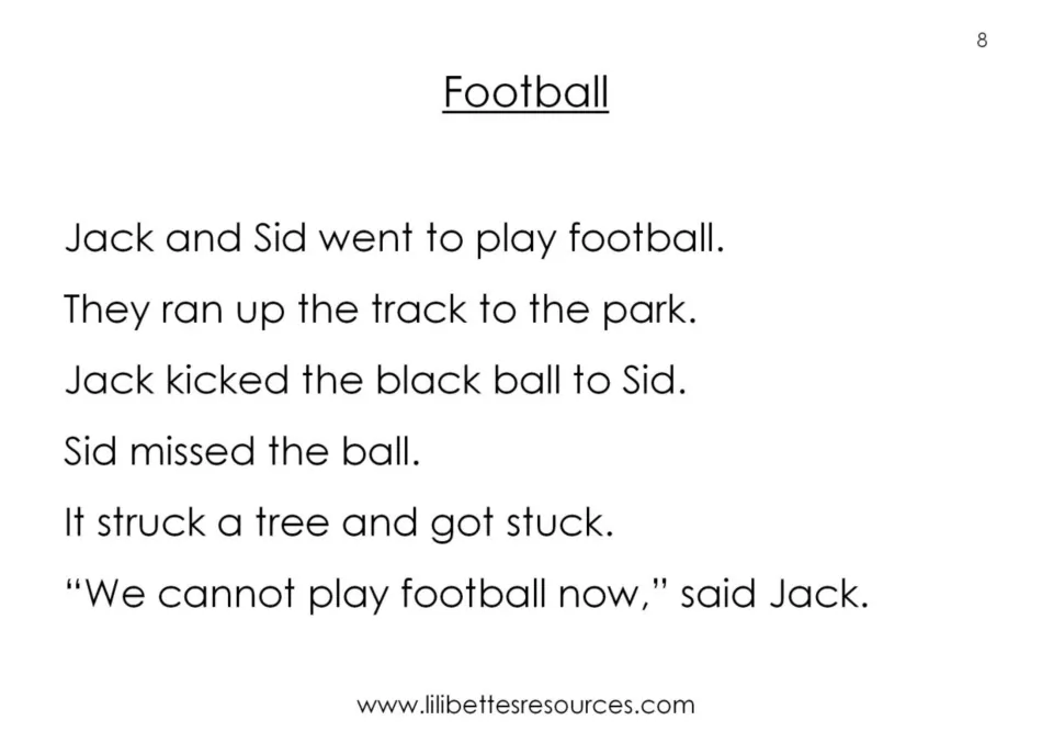 Football story opening: Jack kicks the black ball to Sid, it strikes a tree and gets stuck, so they cannot play
