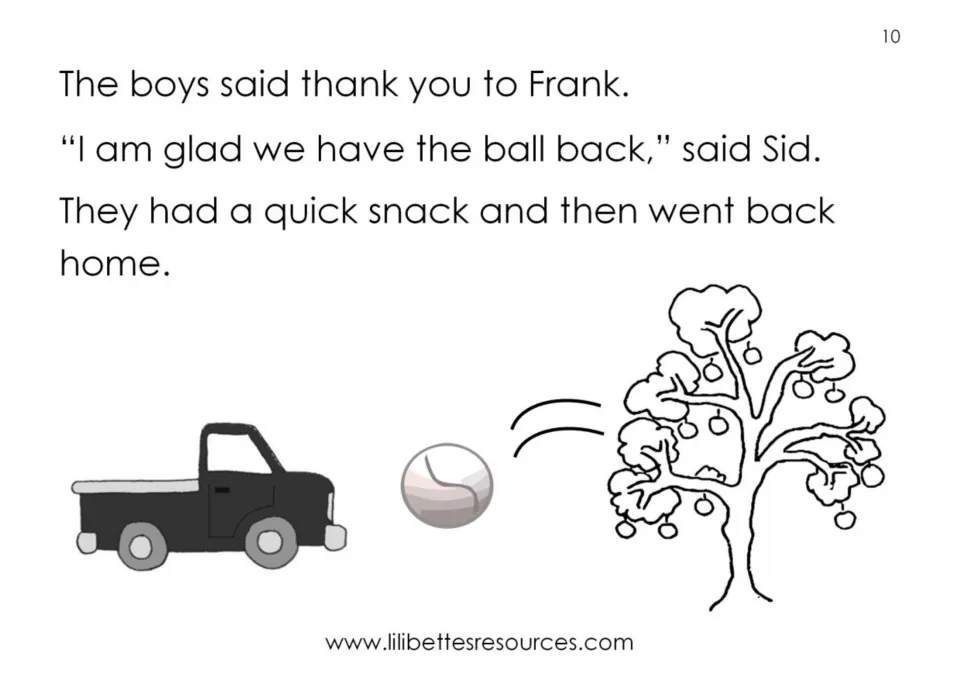 Football ending: the boys thank Frank, have a quick snack and go home; drawings of a truck, a ball and a tree