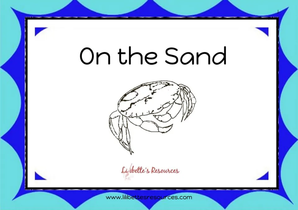 On the Sand cover: title of a consonant blends decodable reader with a line drawing of a crab and the Lilibette's logo