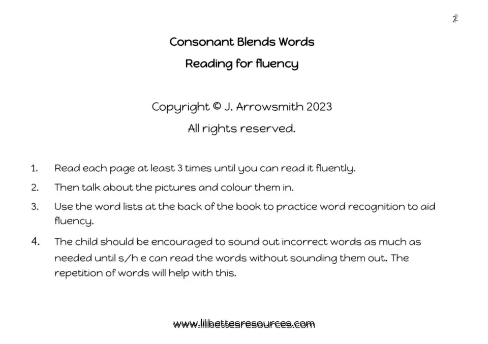 Consonant blends words, reading for fluency: four steps to reread each page, talk about pictures and practise word lists